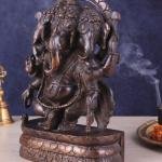 Exquisite Vintage Brass Trimukha Ganapati Sculpture - 12" Three-Faced Lord Ganesha